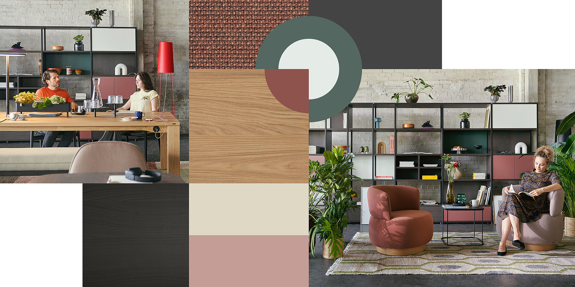 Modern office with se:matrix shelving system in various colours, two round armchairs in terracotta and beige, plants and carpet with geometric pattern. A woman sits on a se:living armchair.
