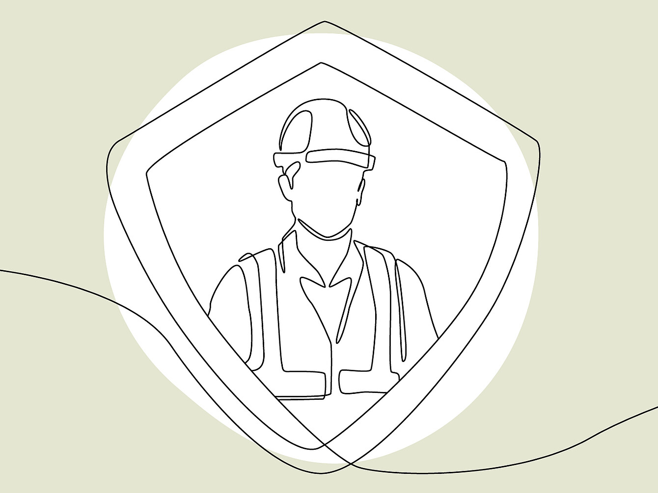 Einfarbige Linienzeichnung eines Arbeiters mit Schutzhelm und Warnweste, umgeben von einem Schildsymbol.