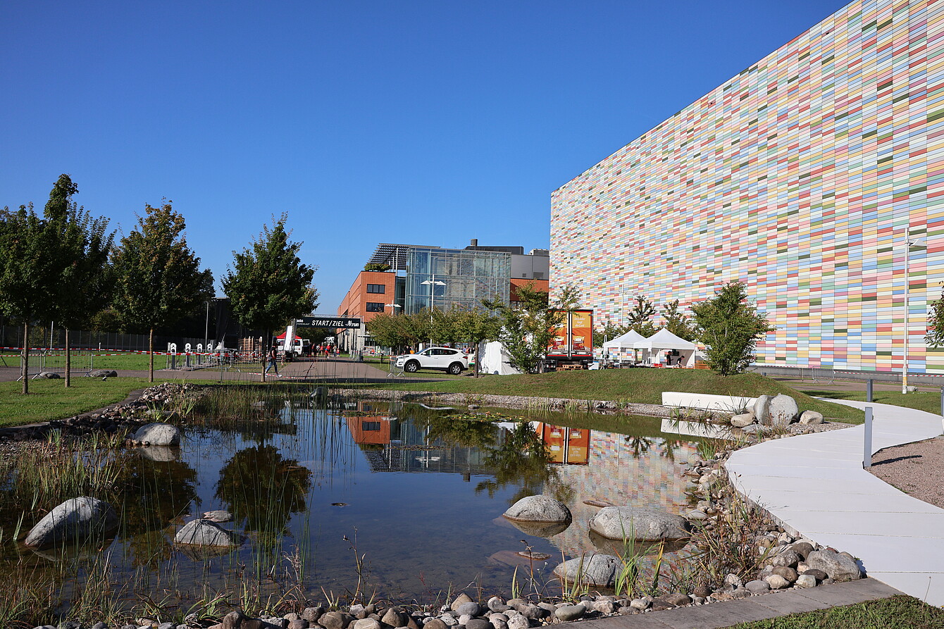 Pond with rocks and plants in front of a colorful tiled building and a modern glass building, with white tents and parked cars nearby under a clear blue sky.