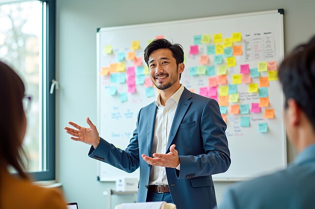 Mann im Anzug erklärt vor einem Whiteboard mit bunten Haftnotizen in einem Meetingraum