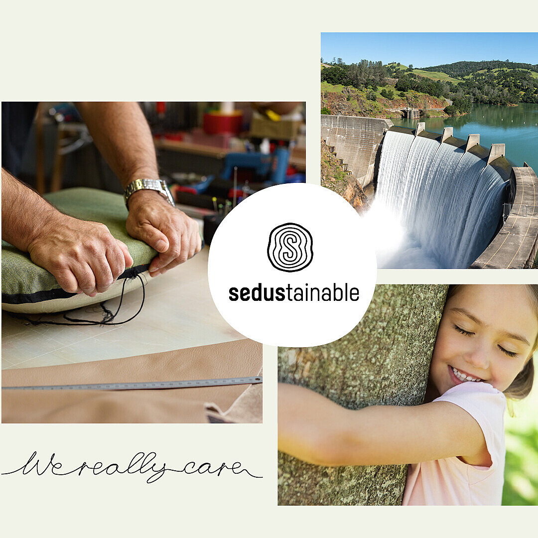 Hands crafting leather goods representing Sedus Stoll AG's commitment to sustainable production, alongside images of a dam and a child hugging a tree, symbolizing environmental care aligned with Science Based Targets.