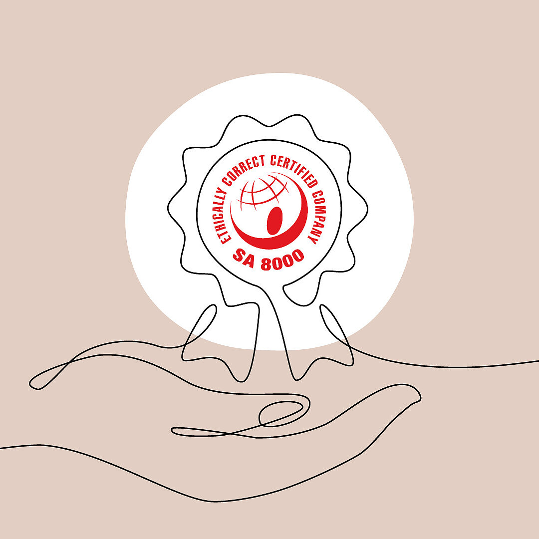 Outline of a hand holding a ribbon badge with a globe and text 'SA 8000' and 'Socially Correct Certified Company' in red.