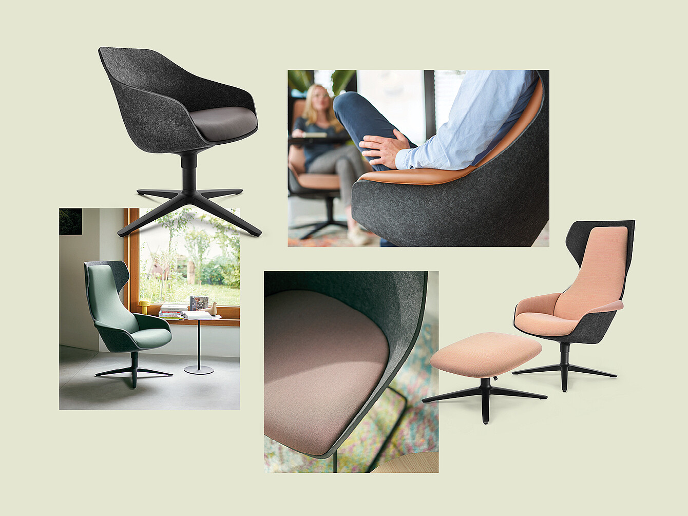 Das Bild zeigt die Sessel se:lounge und se:lounge light als Produkt und im Detail, hergestellt aus PET-Filz mit verschiedenen Polsterfarben und -formen, teilweise mit Fußhockern, in Wohnumgebungen und als Nahaufnahme.