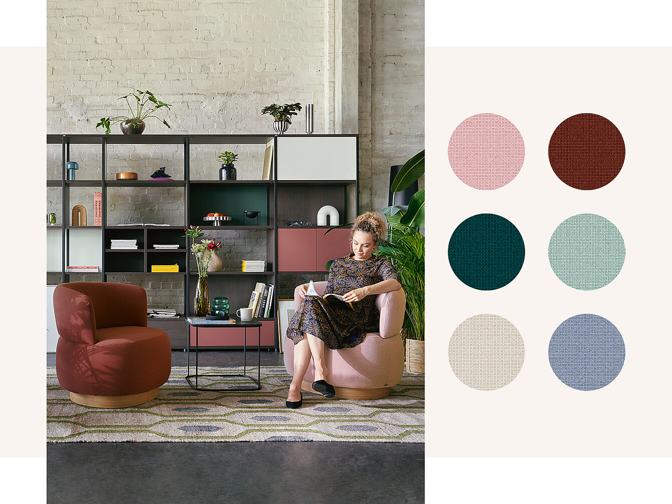 A woman sits on a pink upholstered chair, reading a book, in a modern office space with a bookshelf displaying various decorative items. To the right, six fabric swatches in different colors are shown, highlighting Sedus furniture fabrics.