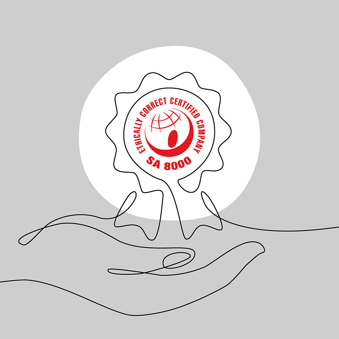 Single-line drawing of an open hand holding a ribbon badge with a globe and text 'SA 8000' and 'SOCIAL ACCOUNTABILITY CERTIFIED STANDARD' in red.