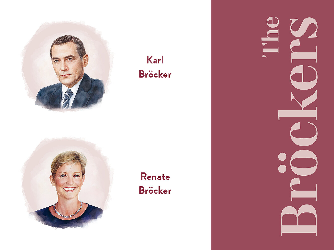 Portraits of Karl Bröcker and Renate Bröcker, each with a blurred face. Karl is wearing a suit and tie, while Renate is wearing a necklace and a blouse. Text reads 'The Bröckers'.