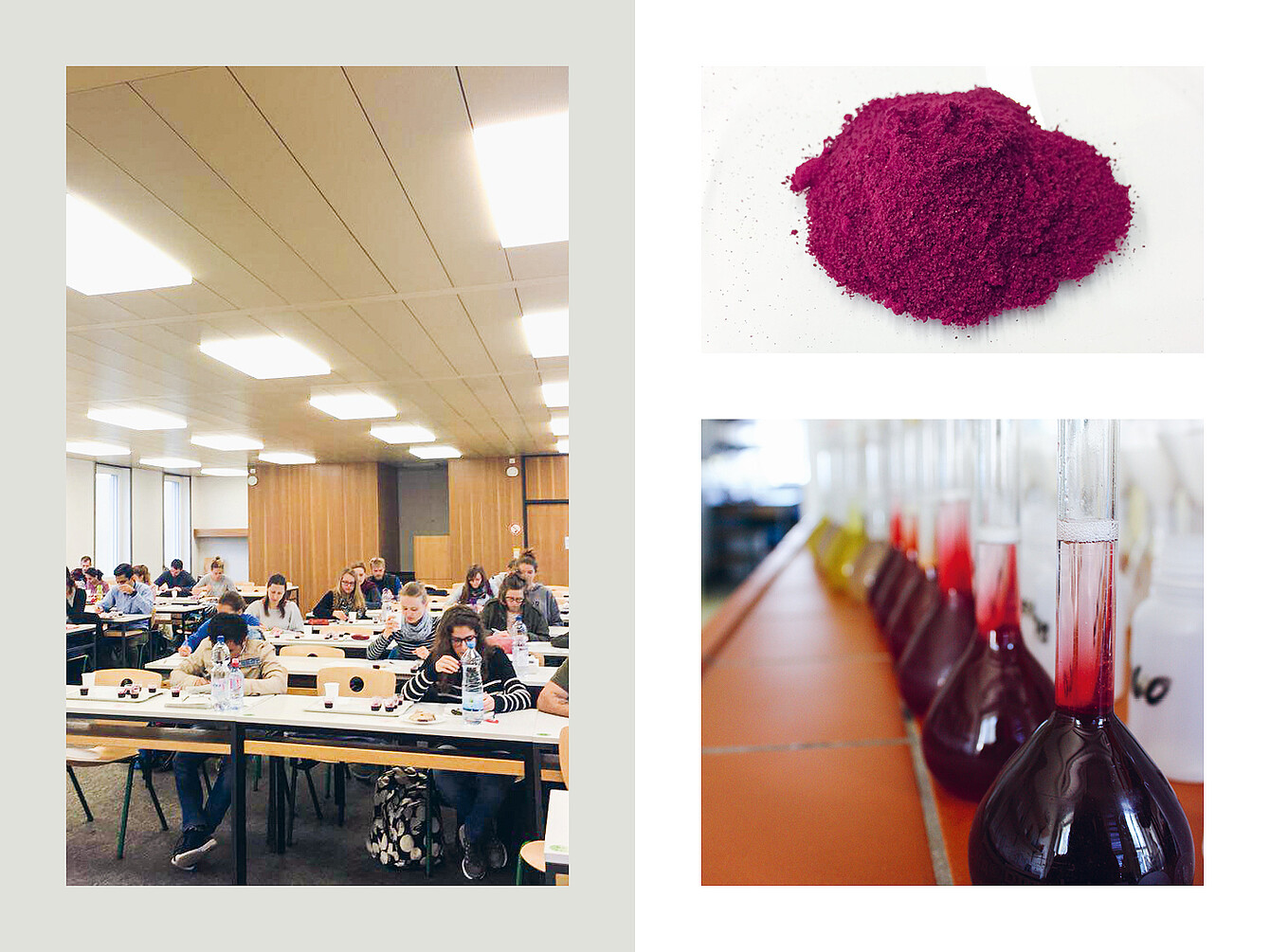 Vorlesungssaal mit mehreren Studierenden, die an Tischen sitzen und schreiben. Helle Deckenbeleuchtung und Holzpaneele an der Wand. Rechts oben Haufen rotes Pulver auf weißer Fläche. Rechts unten Reihe von Kolben mit dunkelroter Flüssigkeit, einige mit Glasröhrchen gefüllt.