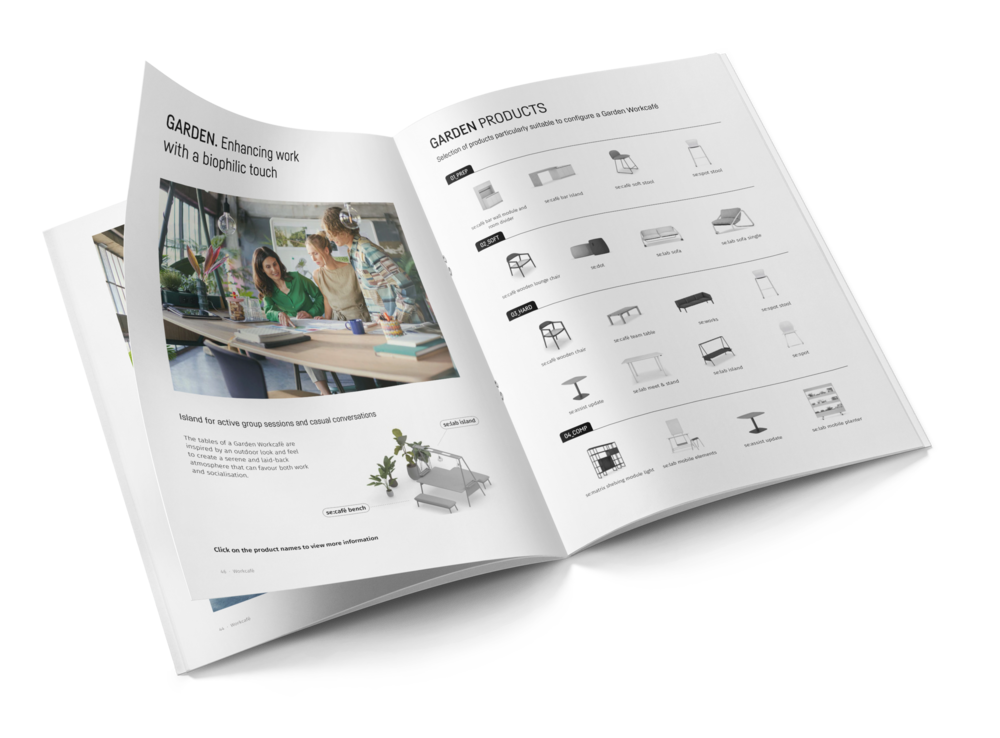 Geöffnete Broschüre zeigt Produkte für das Worksetting 'Garden' mit Bildern und Beschreibungen von Gartenmöbeln und Arbeitszubehör