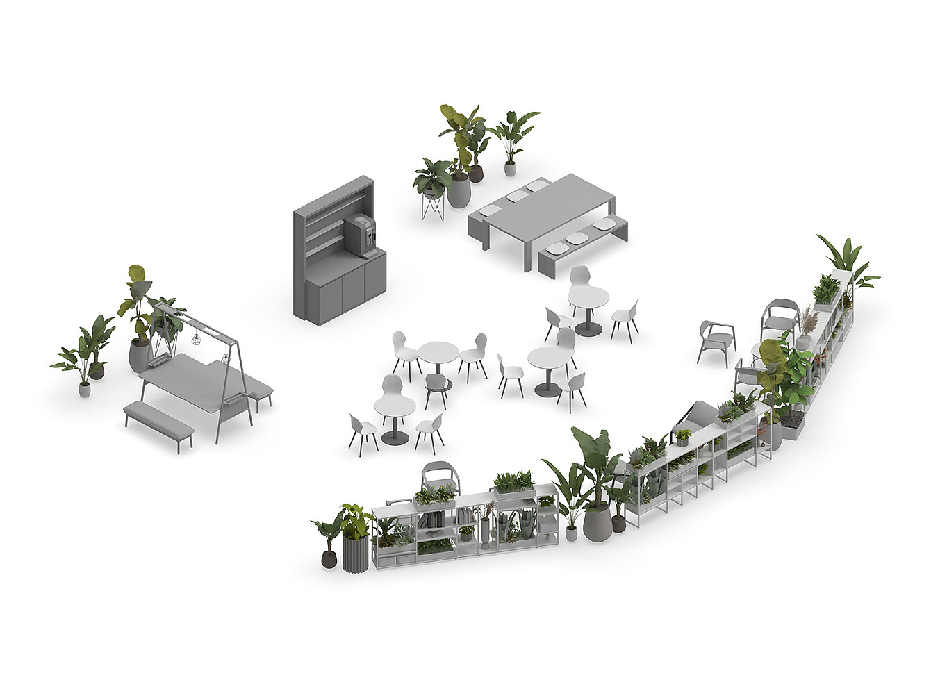 Open office area with tables, chairs, and shelves filled with plants, illustrating the Garden Work Café concept that integrates greenery into the workspace for a biophilic design.