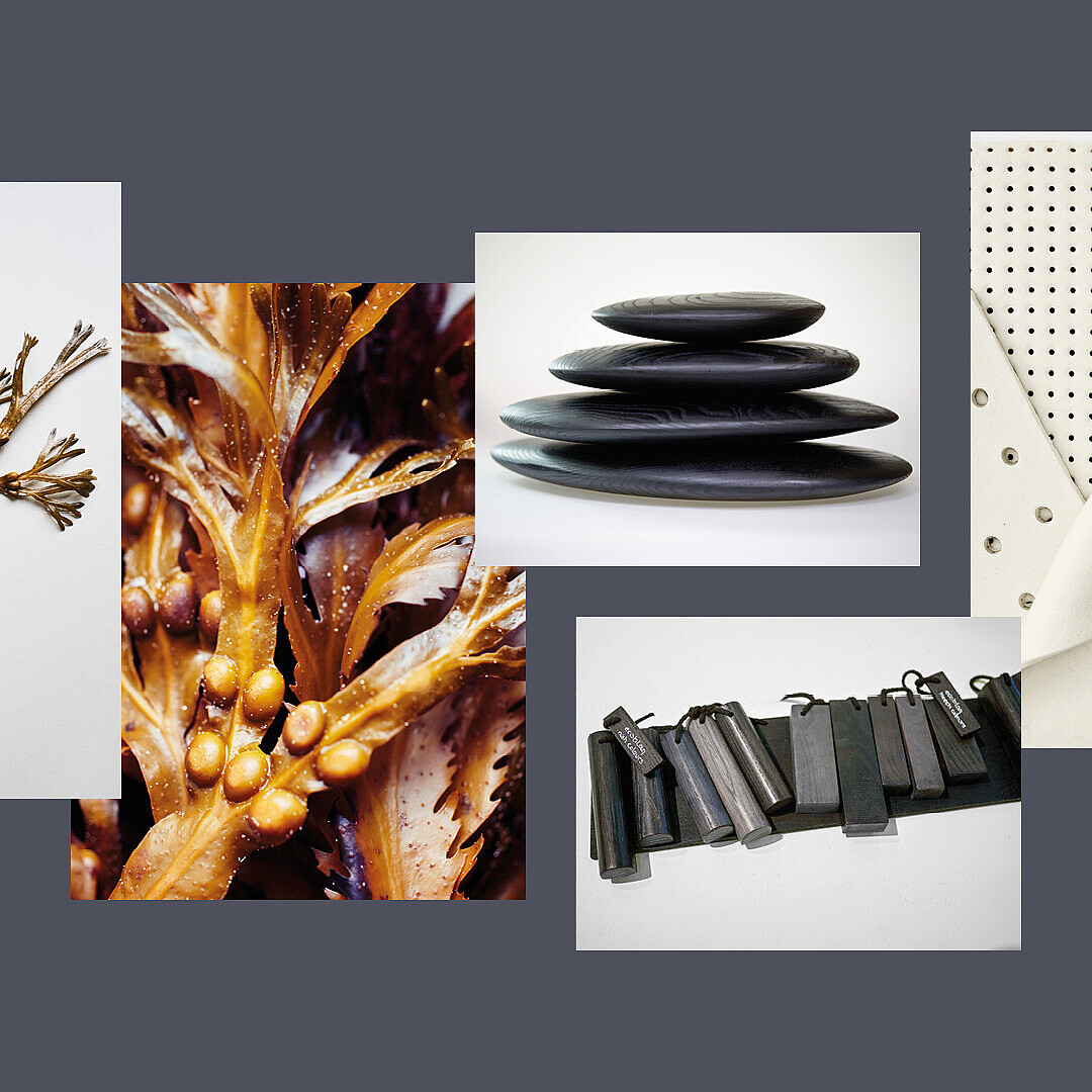 Collage aus Nahaufnahmen von Naturmaterialien und handwerklichen Objekten, darunter getrocknete Algenzweige, glatte schwarze Steine, schwarze Lederstücke und weiße Stoffproben mit Lochmuster.