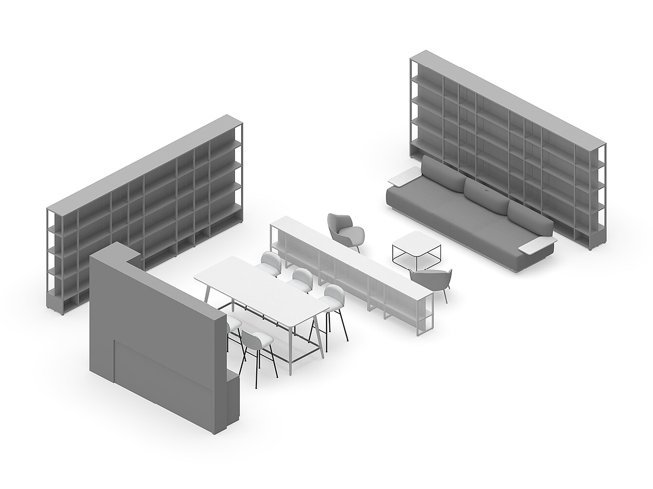 3D layout of Hub Work Café showing two large bookshelves, a long table with six chairs, a sofa with cushions, a small coffee table, and a partition wall, designed as a collaborative office meeting space