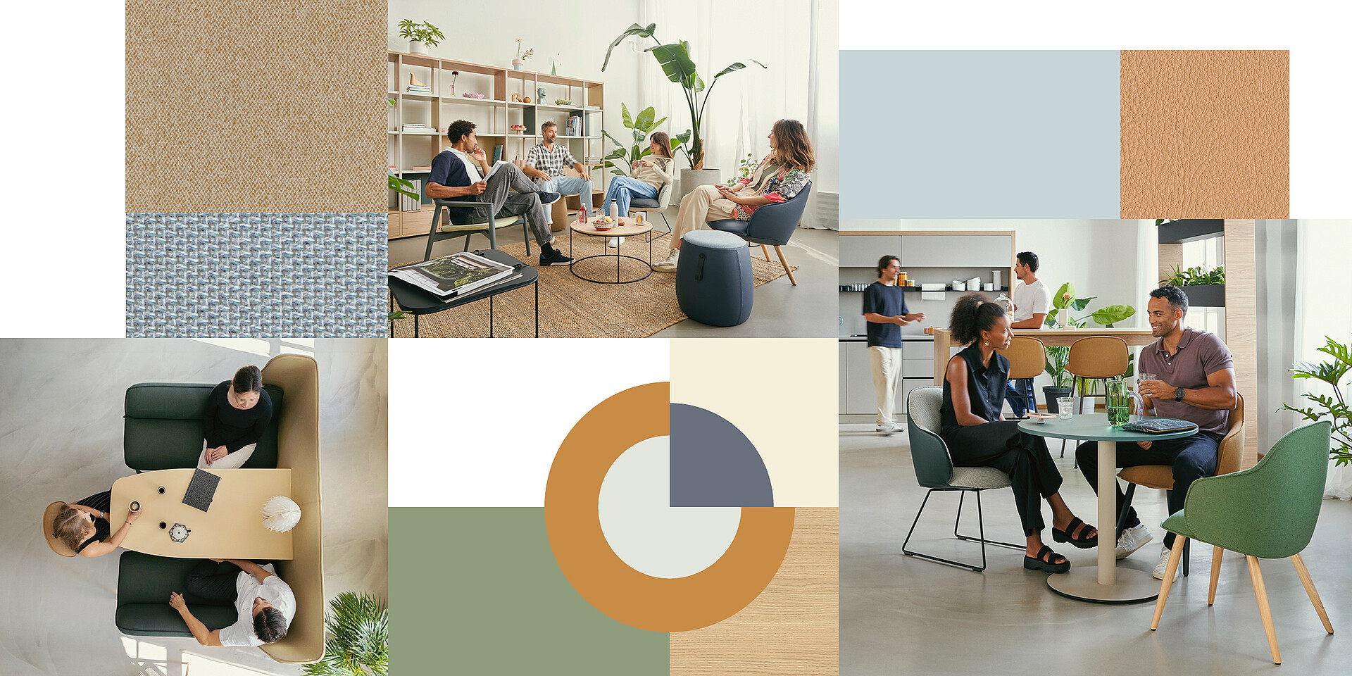 Top left: four people on se:café wooden and soft chairs with se:living side table; right: two people on se:café soft chairs at the se:assist table; in the background, se:café bar as a catering module in the open-plan office. People chat in a modern office with plants and wooden shelves; next to them are colour fields and a pie chart in blue, beige and brown.