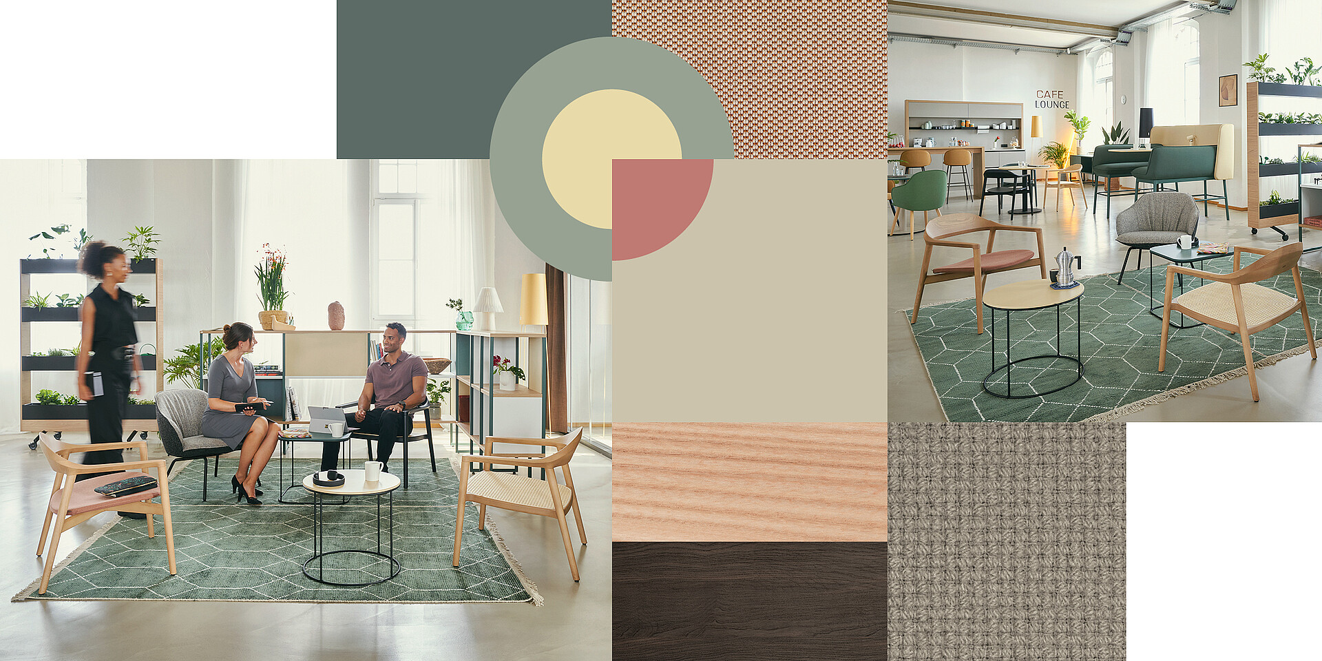 Three people in a modern co-working office with se:café wooden chairs, green carpet and plants, two sitting at a table, one walking past.