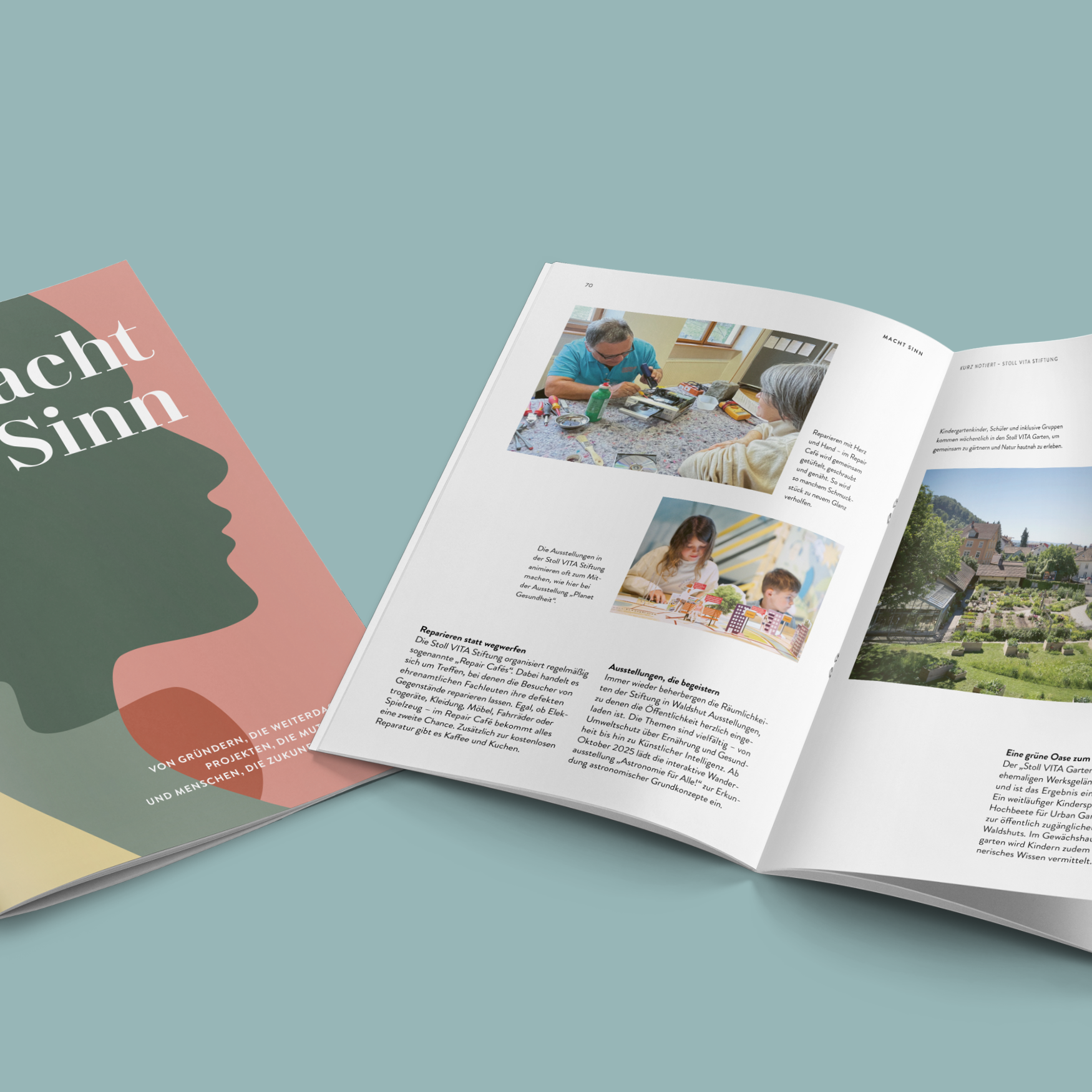 Geöffnetes Stiftungsbooklet mit Fotos von Menschen und Landschaften, Titel 'Macht Sinn' auf dem Cover