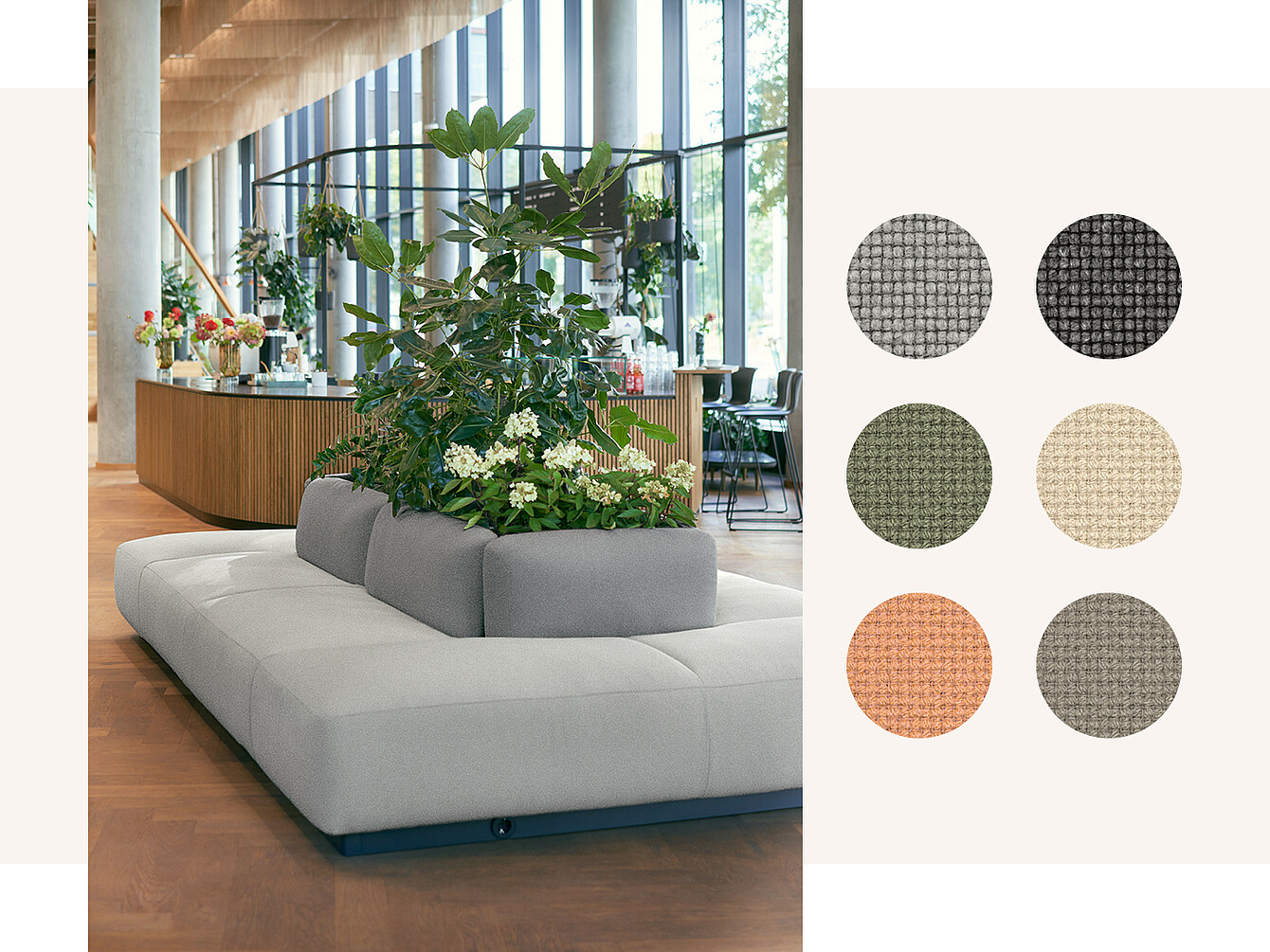 A modern lounge area features a gray modular sofa with raised back cushions and integrated planters filled with greenery and flowers. On the right, six fabric swatches in various colors: dark gray, light gray, olive green, beige, and orange, showcasing Sedus furniture fabrics.