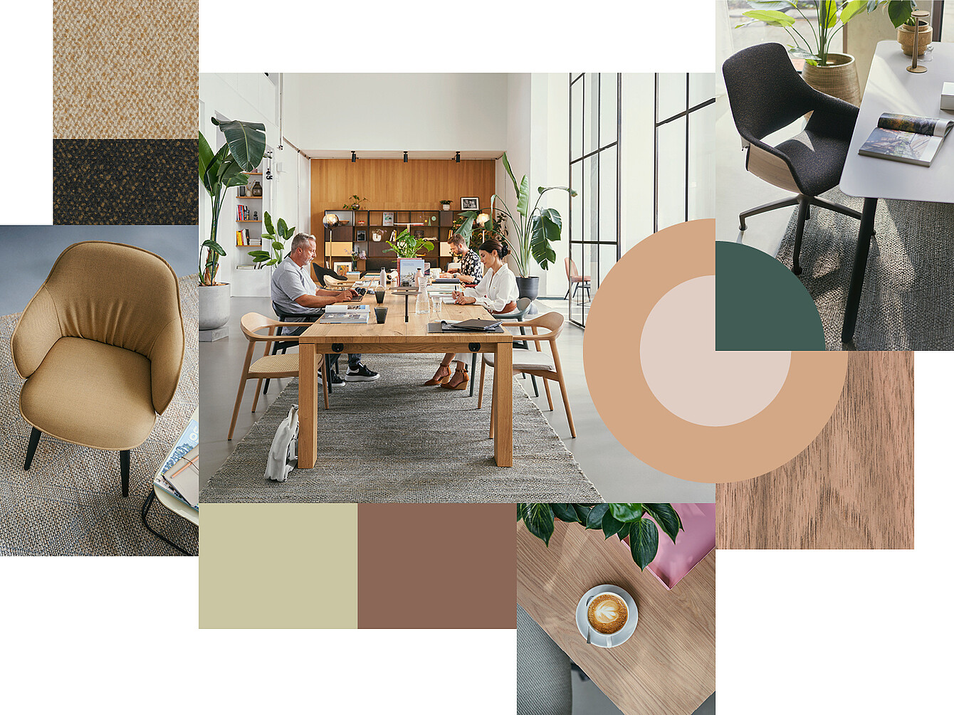Collage showing Sedus office furniture: on the left, se:café soft chair in beige; in the centre, se:café team table with se:café wooden chairs; top right, se:mission swivel chair at se:vision table, surrounded by colour fields.
