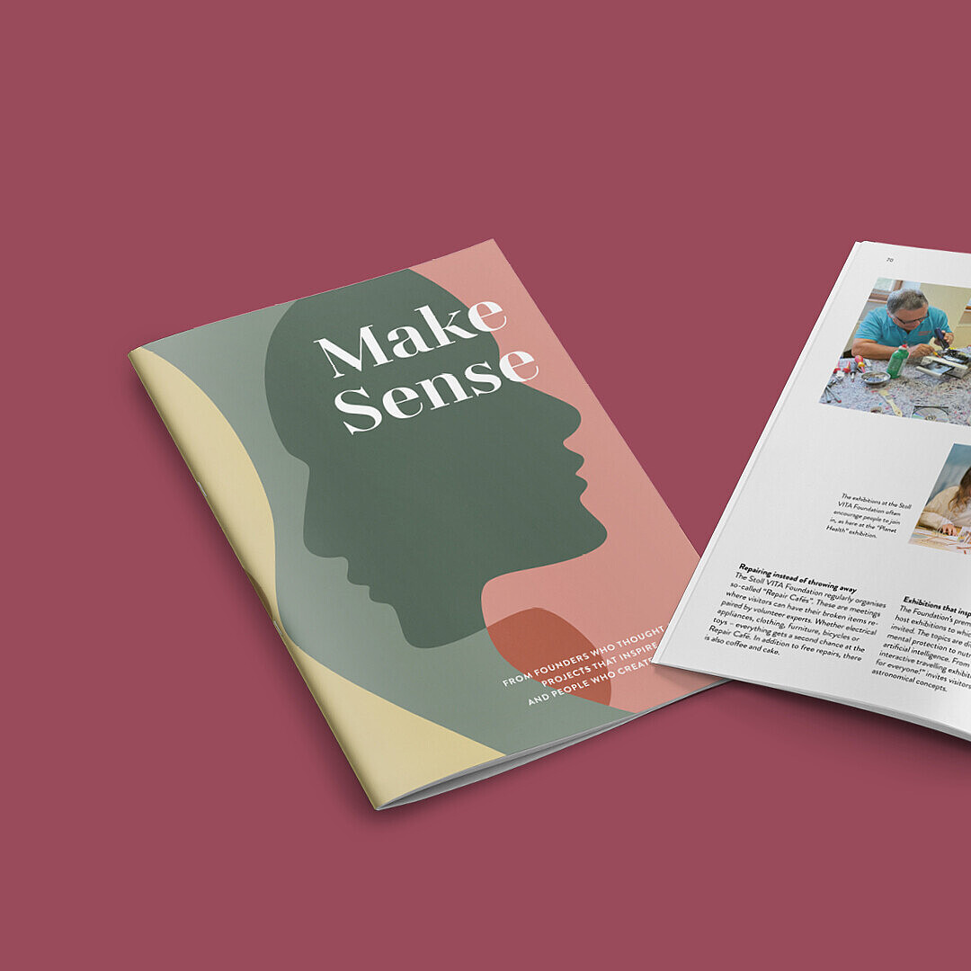 A booklet titled 'Make Sense' with a colorful cover featuring a silhouette. The open pages display images of people engaged in activities and a scenic view of a building.