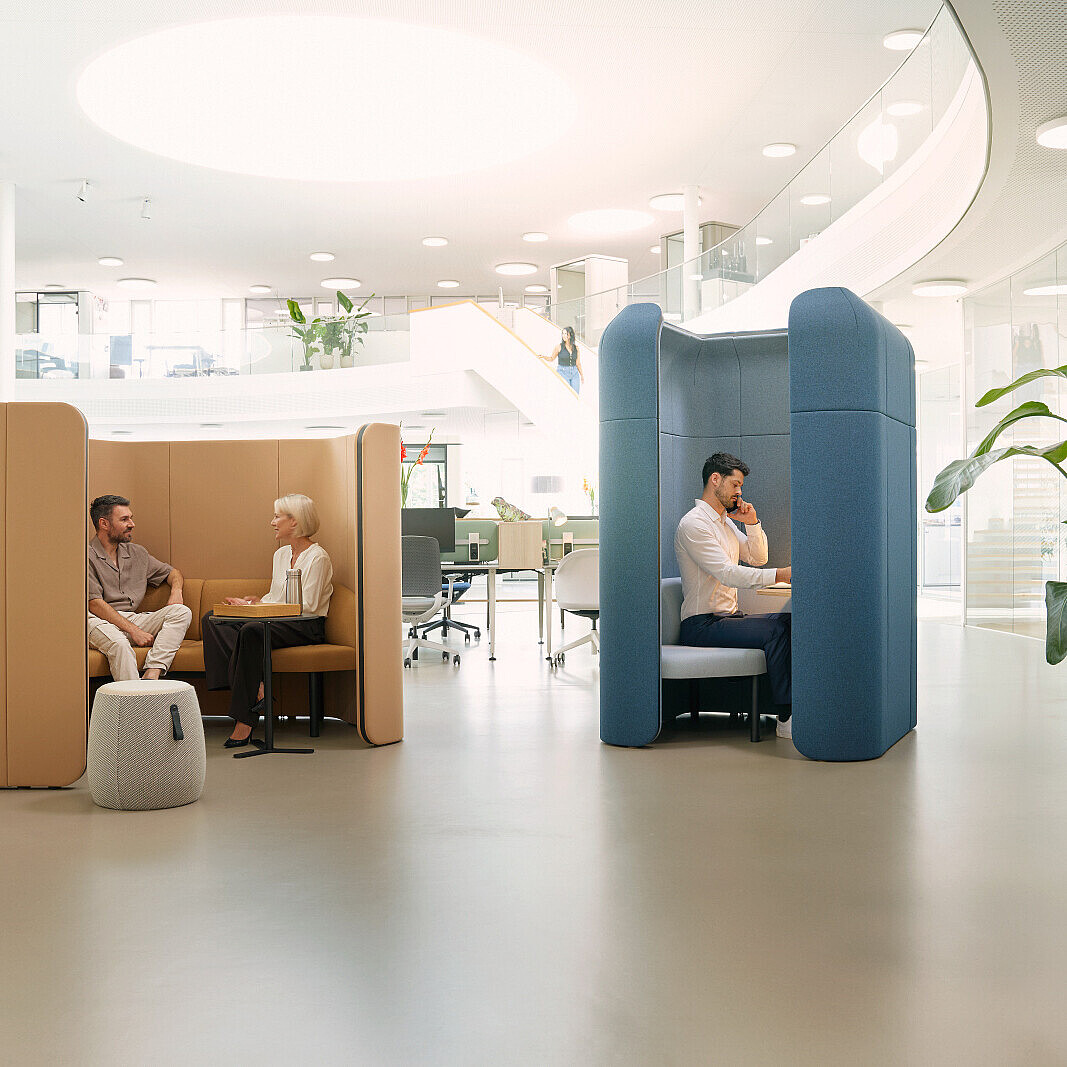 Bright open-plan office with high-backed acoustic seating creating protected spaces for focused work and conversation.