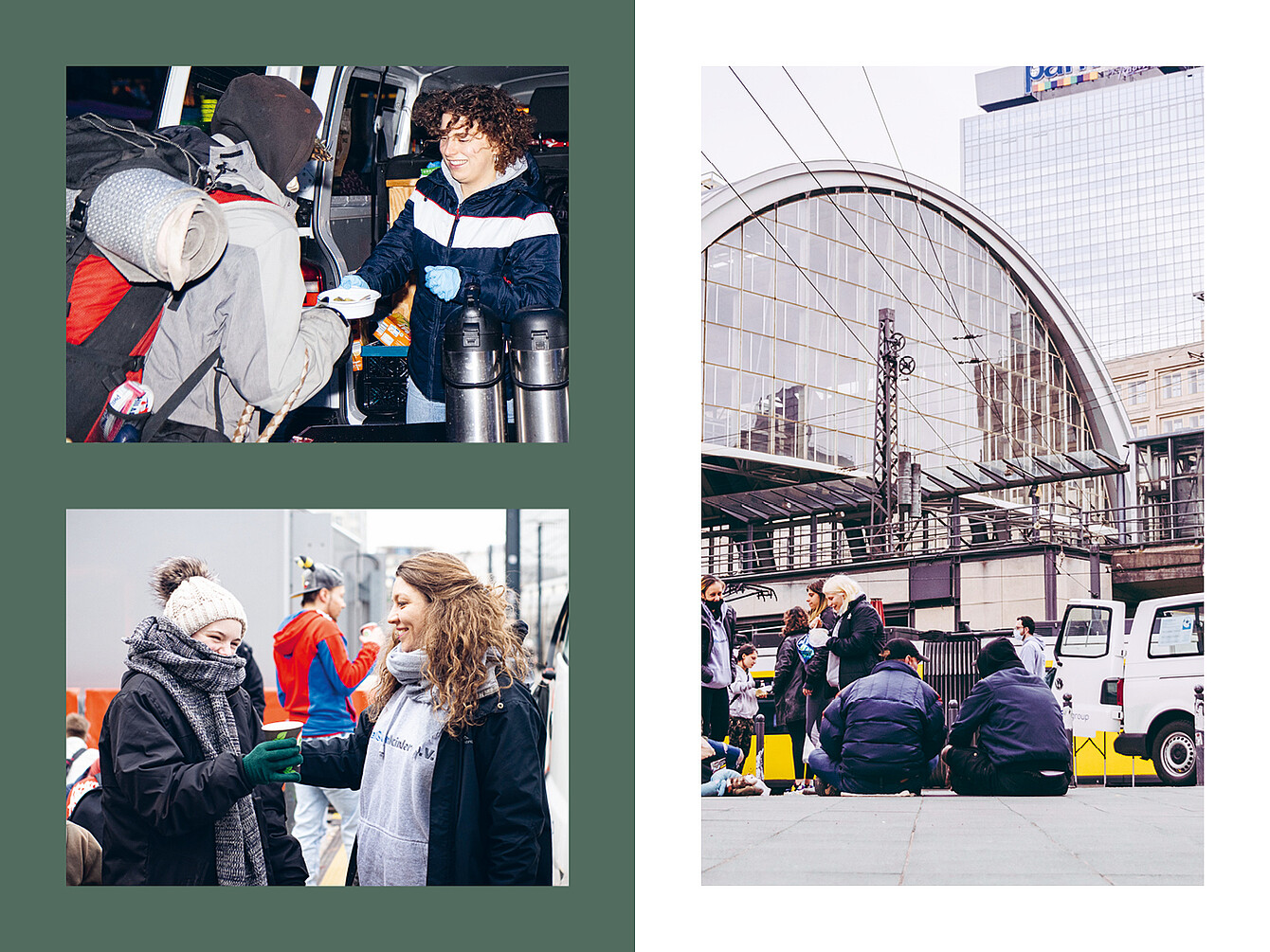 Volunteers wearing winter clothing handing out supplies to a person with a backpack near a vehicle. Several people in warm jackets and scarves interacting outdoors. Group of people sitting on the pavement in front of a large glass and steel train station building.