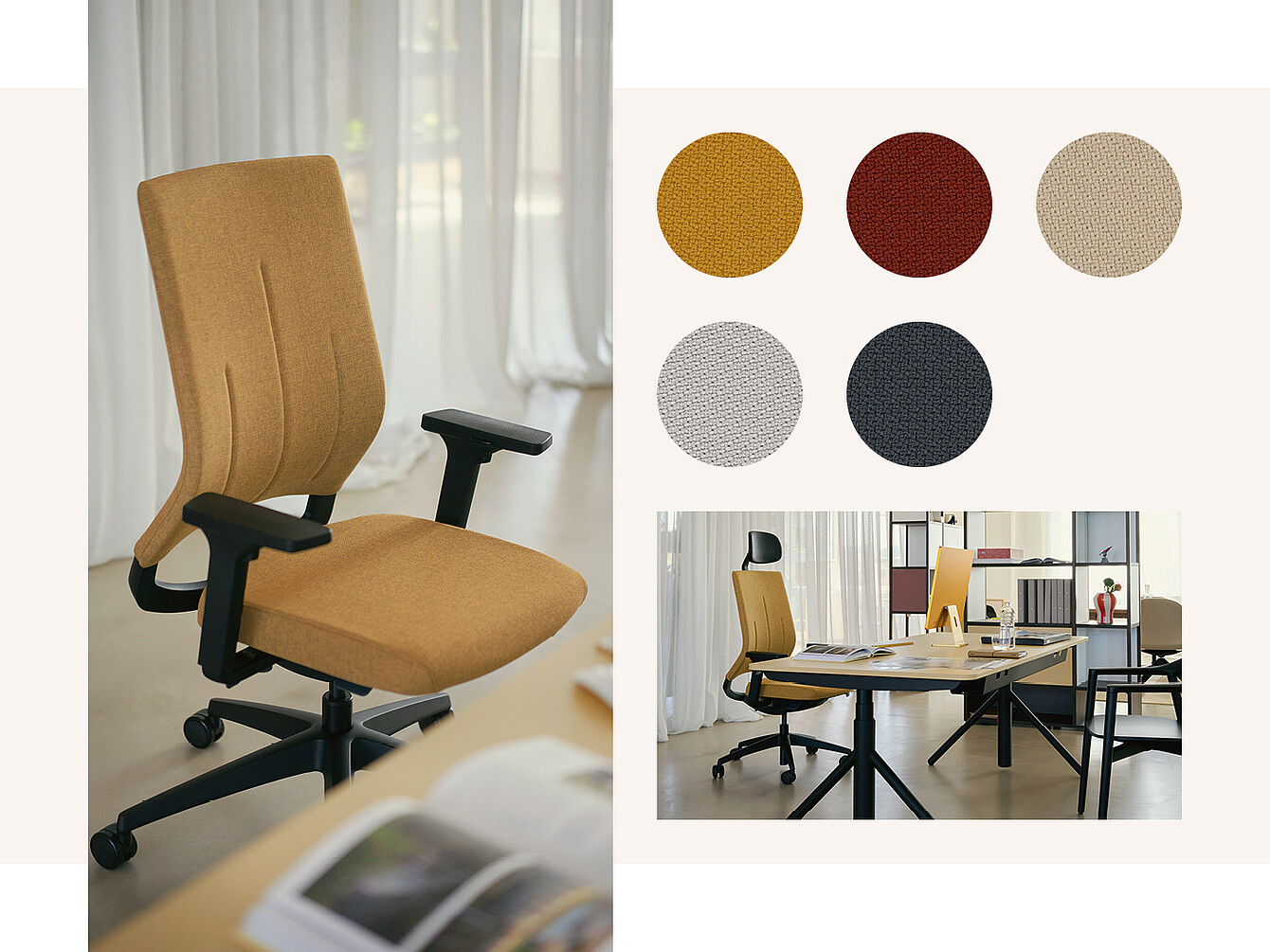 A mustard yellow ergonomic office chair with armrests and a textured fabric is shown next to a light wood desk. Five circular fabric swatches in red, beige, grey, and dark blue are displayed above the chair. In the background, a second ergonomic chair and a magazine are visible on the desk.
