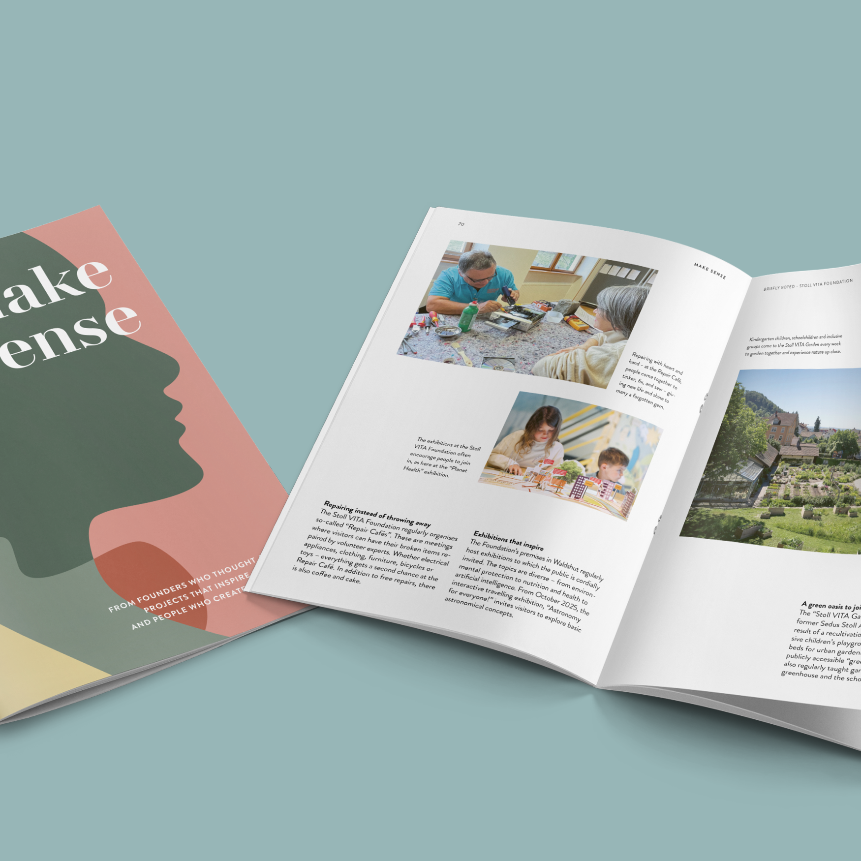 Open booklet titled 'Make Sense' showing photos of people working and a garden with text descriptions