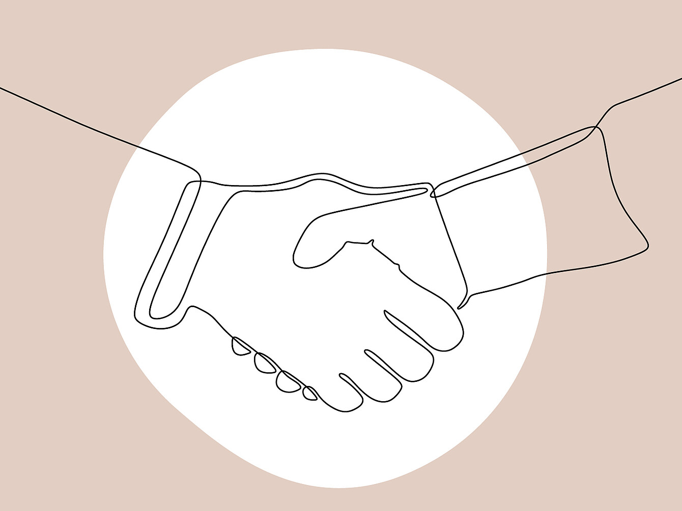 Line drawing of two hands shaking, outlined in black on a beige background with a white circle behind them.