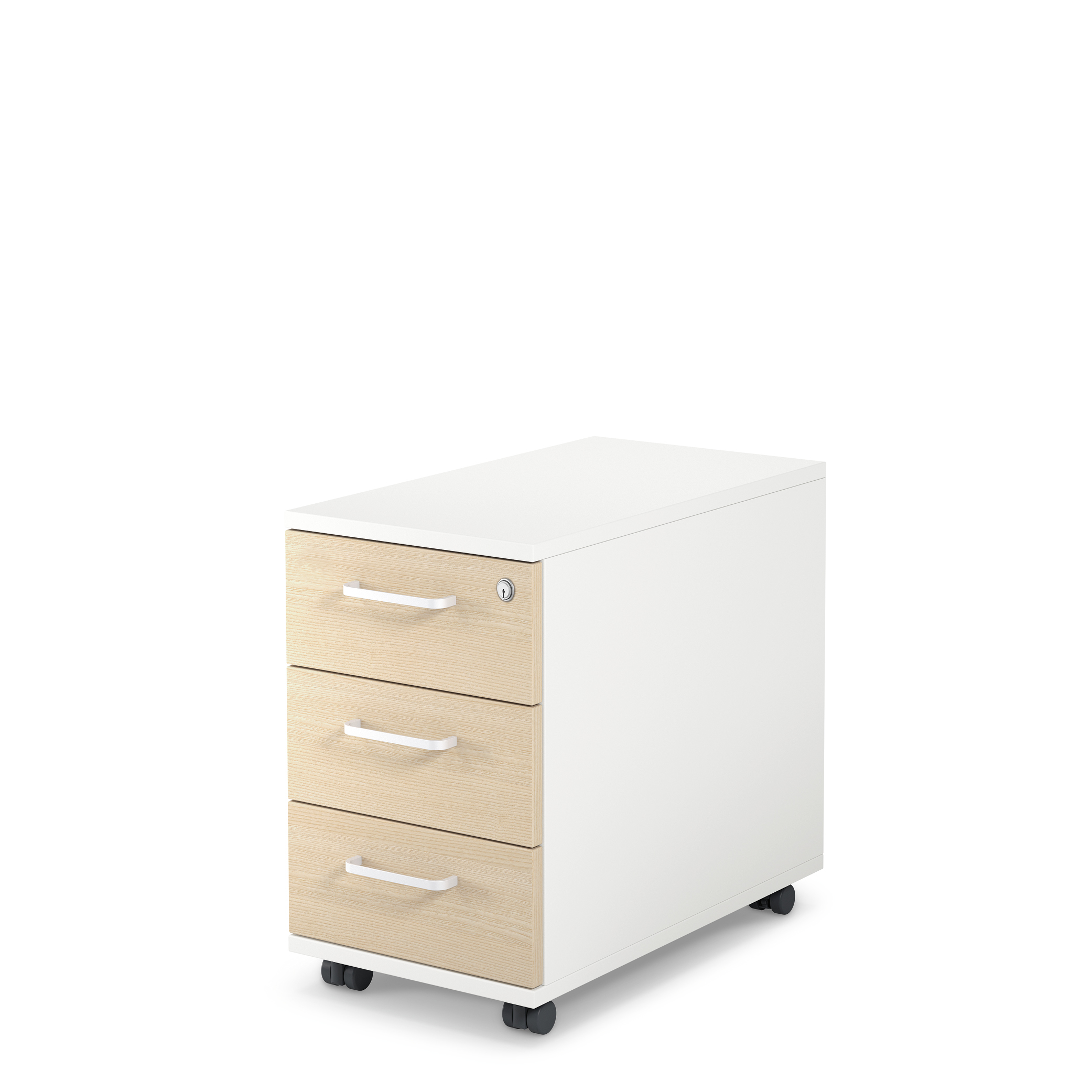 Slim storage container by Sedus with three light wood drawers and white handles on wheels.